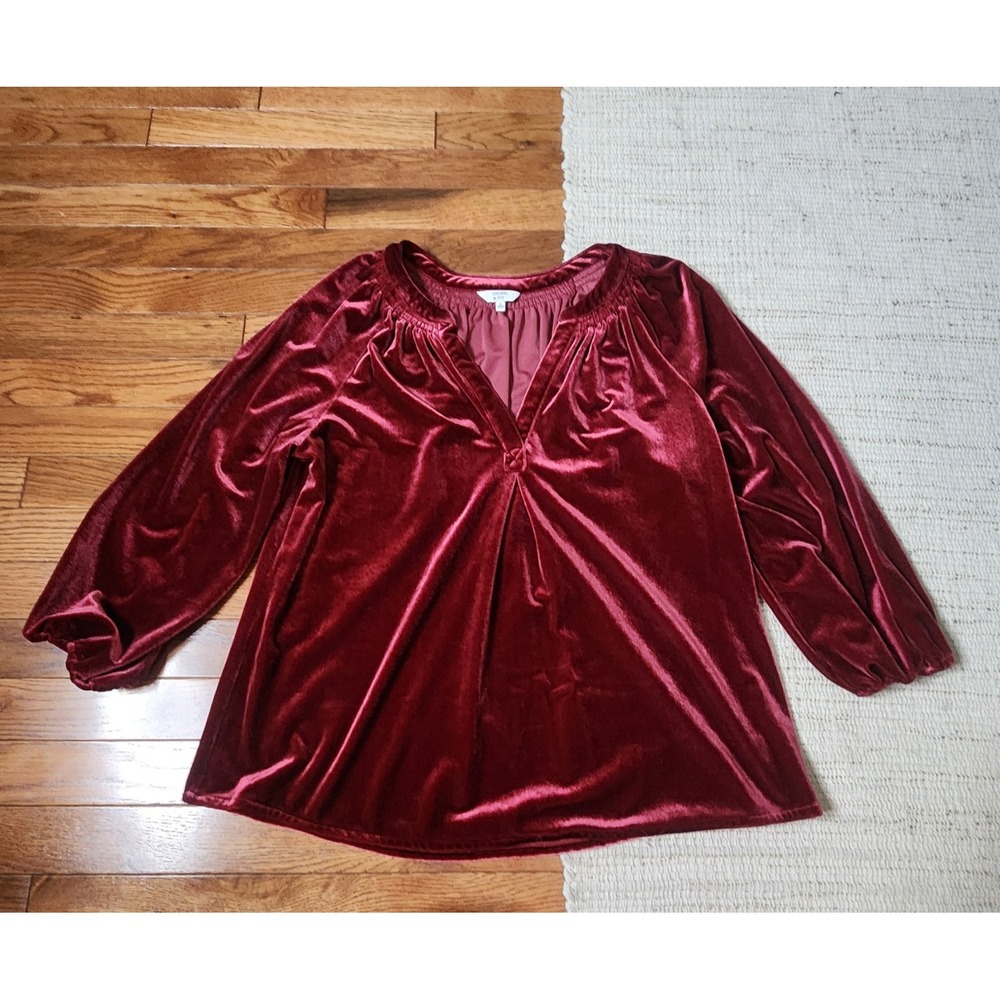 Crown & Ivy Velour Burgundy Peasant Top 3/4 Sleeve Stretch Whimsigoth Bohemian M